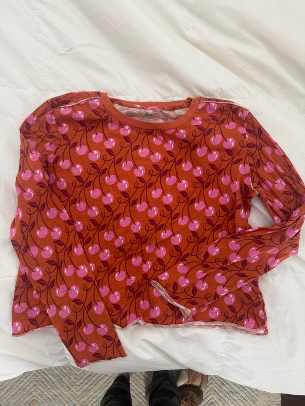 Long Sleeve Cherry Print Top - Pink on Rust